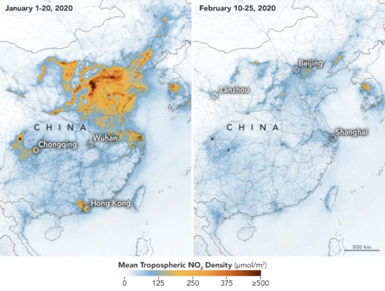 two color-coded maps showing a dramatic reduction in NO2 pollution over industrial northeastern China