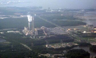 Air photo of Brandon Shores Generating Station in Anne Arundel County, Maryland, near Baltimore. View facing north.